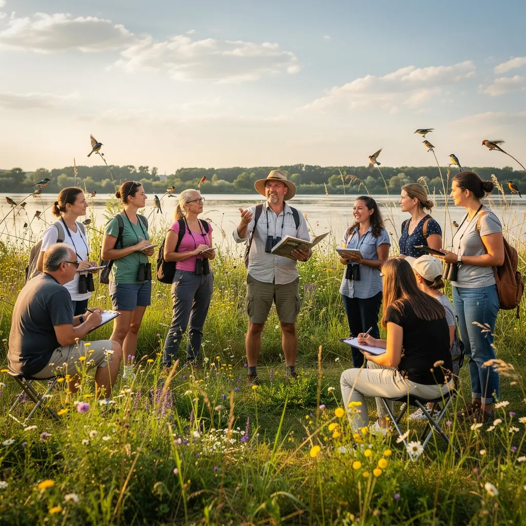 Ein Ornithologe beobachtet Vögel mit einem Fernglas in einer malerischen österreichischen Landschaft.