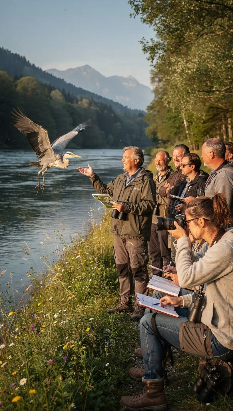 Ein Vogelbeobachter macht ein Foto eines seltenen Vogels auf einem Ast in seinem natürlichen Lebensraum.