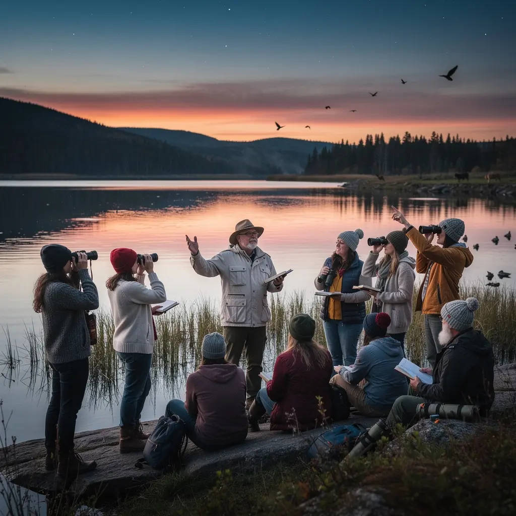 Ein Lehrender erklärt die Merkmale verschiedener Vogelarten an einem Tisch im Freien.