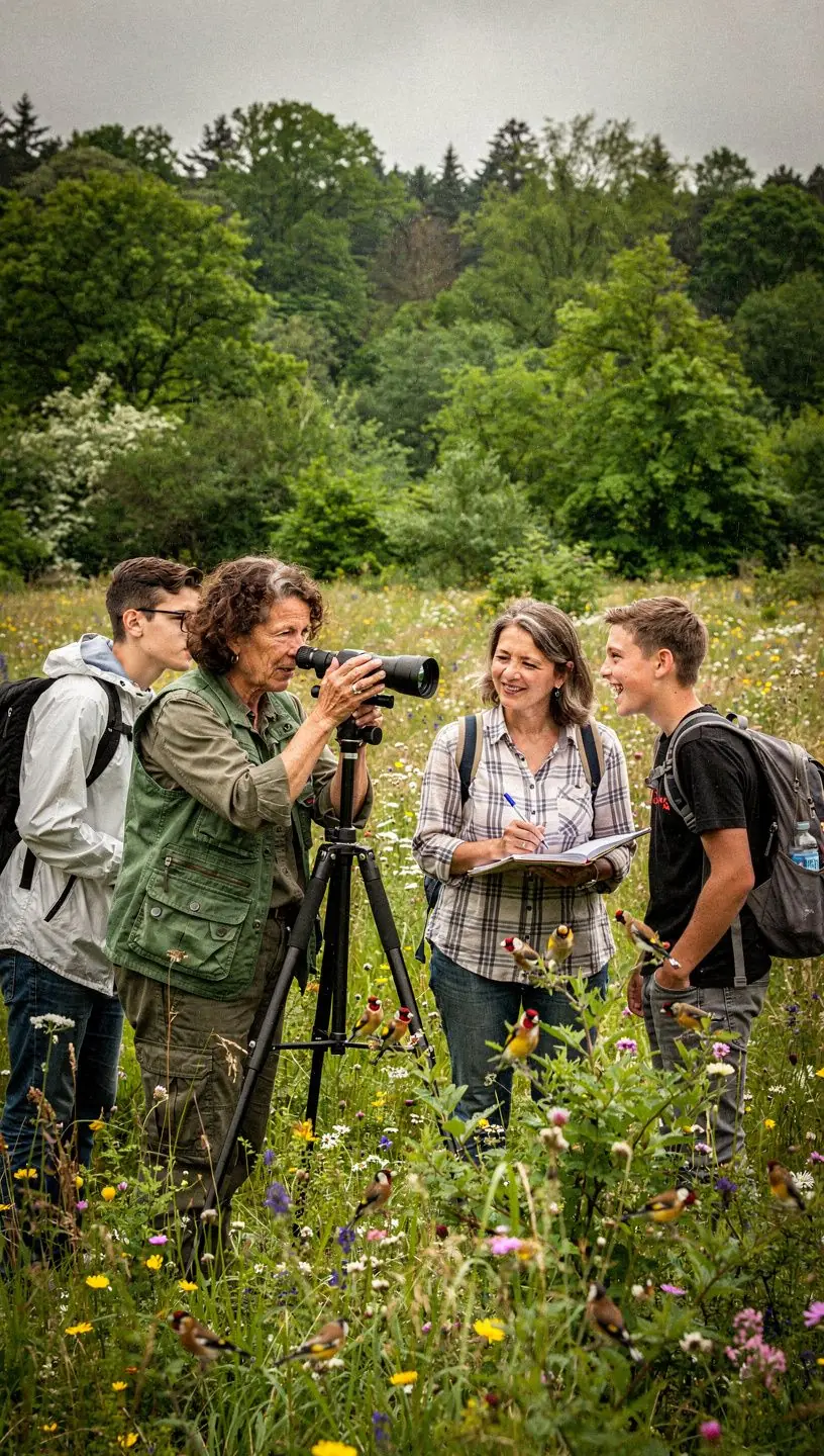 Ein schönes Naturbild zeigt einen bunten Vogel in seinem Lebensraum, umgeben von Bäumen und Blumen.