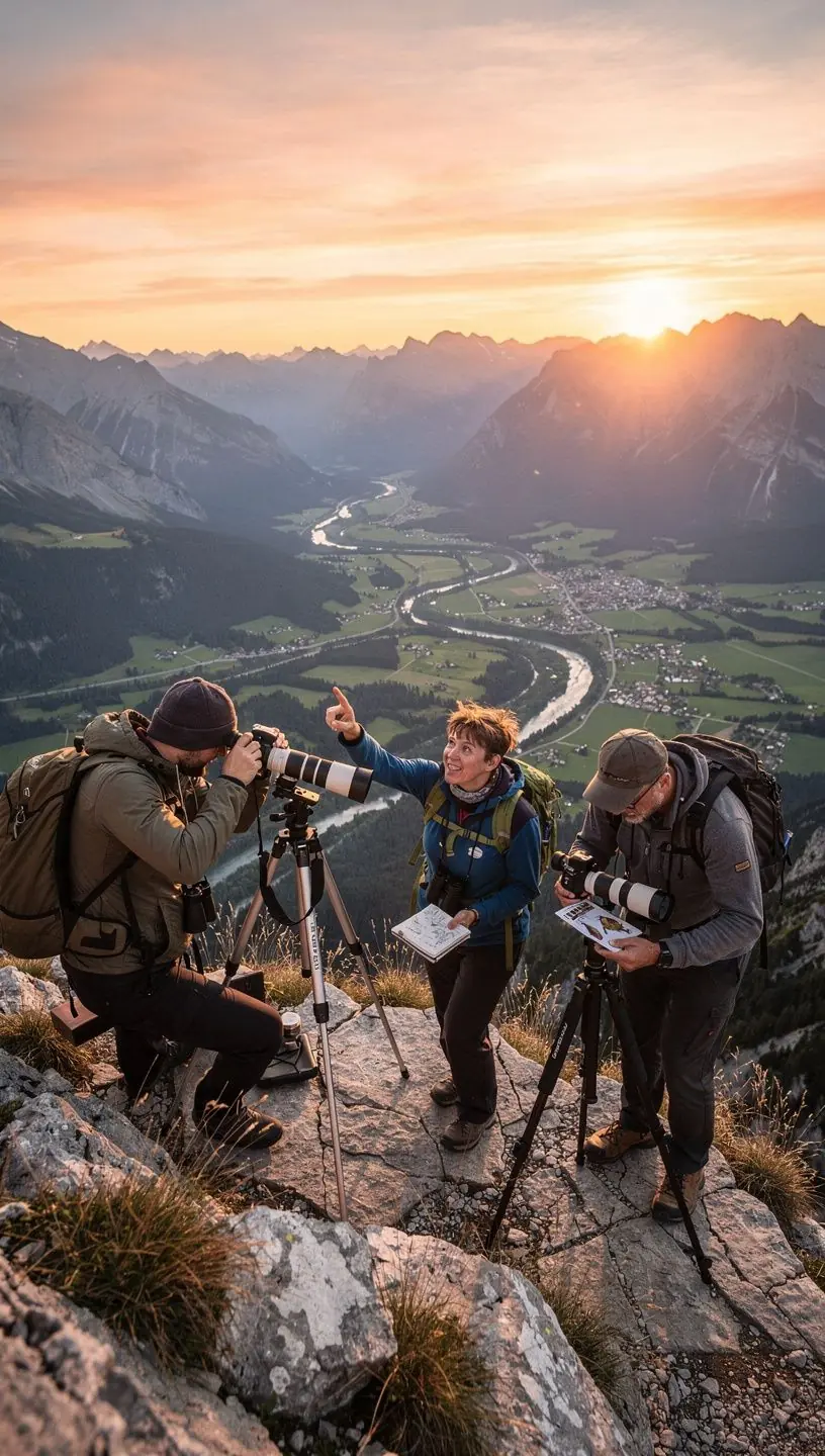 Ein Vogelbeobachter macht ein Foto eines seltenen Vogels auf einem Ast in seinem natürlichen Lebensraum.