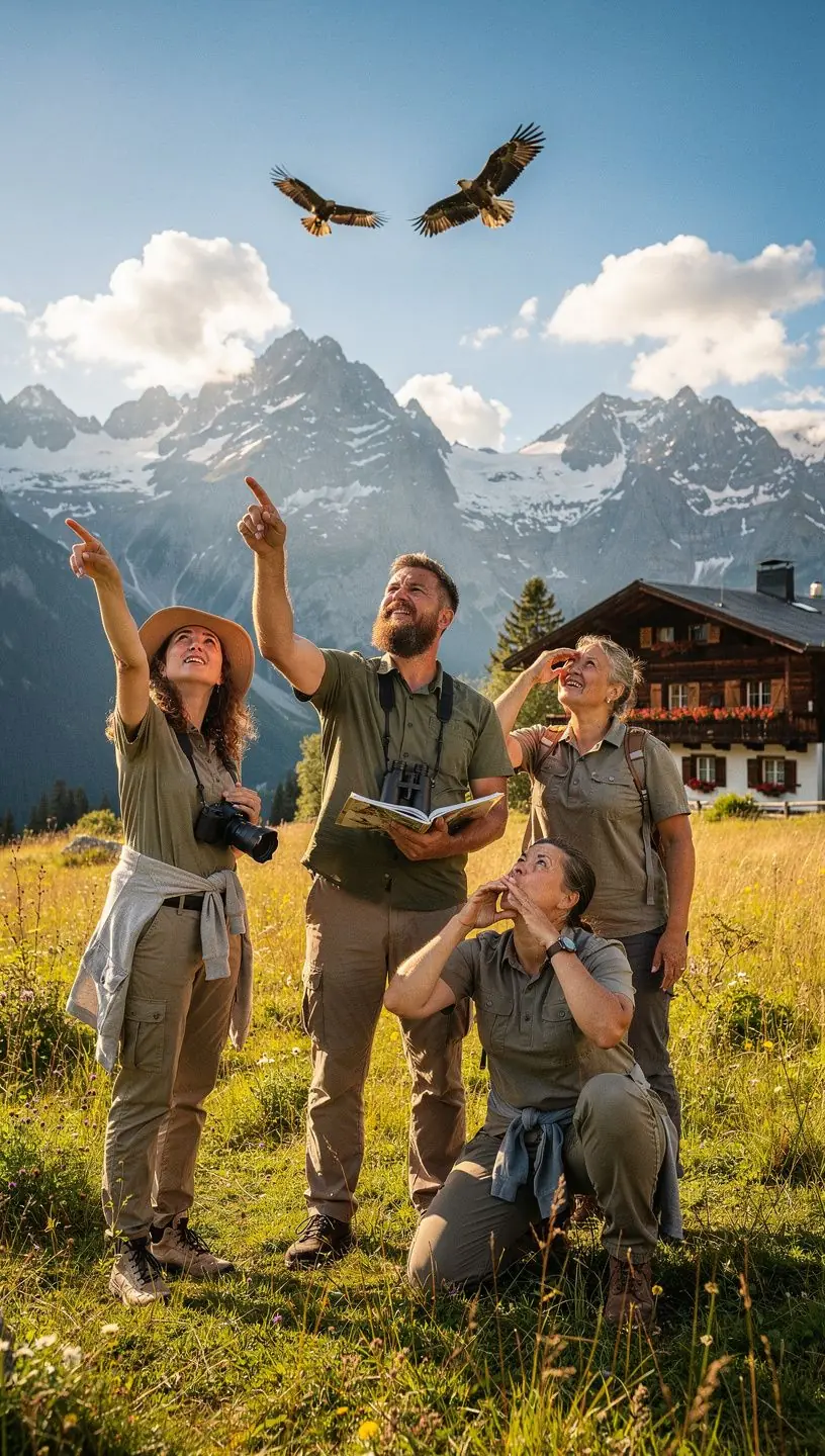 Eine Gruppe von Teilnehmern beobachtet Vögel mit Ferngläsern in einer malerischen österreichischen Landschaft.