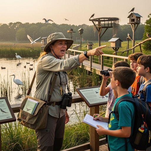 Ein ruhiger See, an dem verschiedene Wasservogelarten zu beobachten sind.